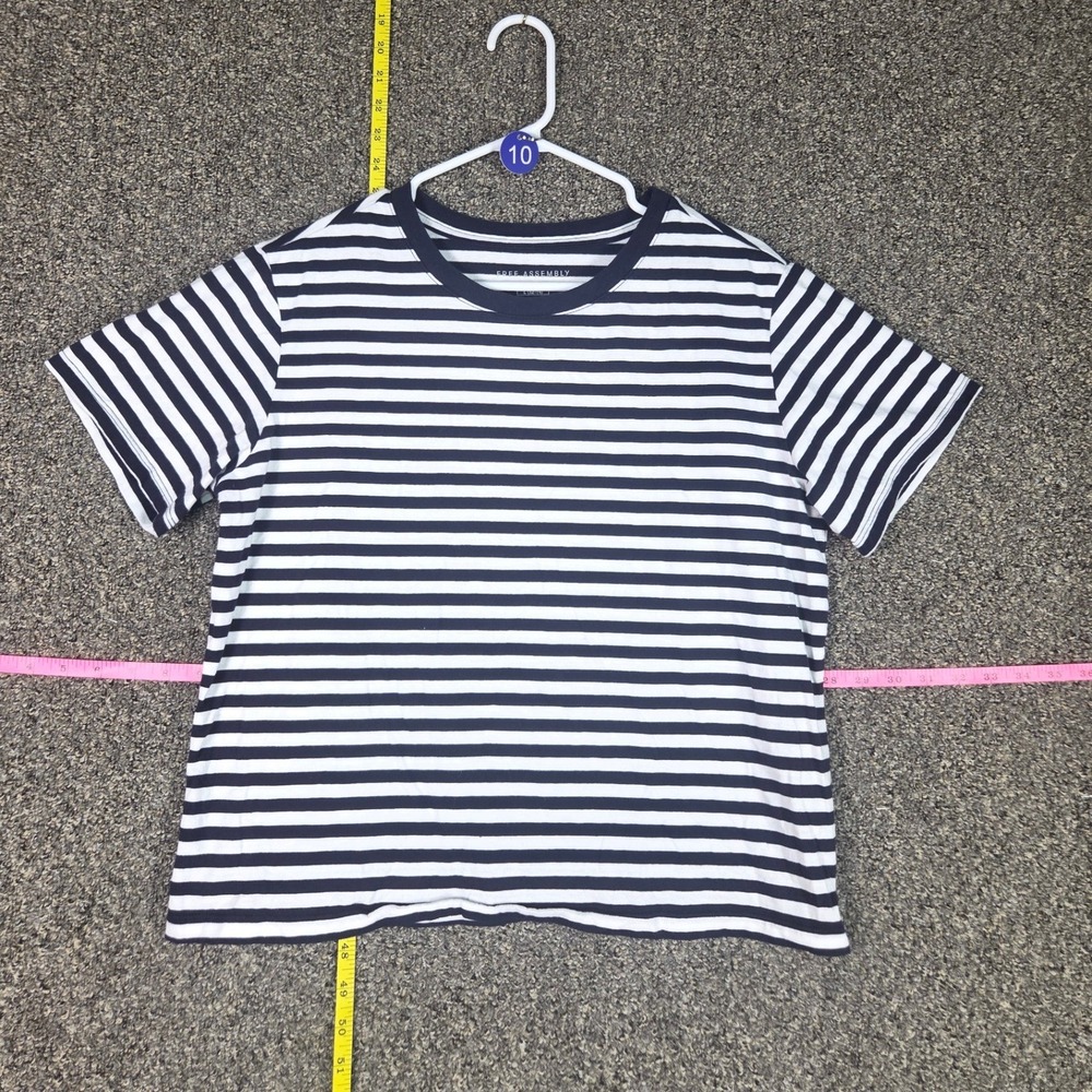 Free Assembly Striped Tee Women L Navy White Short Sleeve Crewneck Slit Hem - Picture 2 of 3